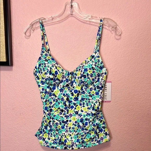 Anne Cole Ladies Tankini Swim Top Blue Ditsy w/ Purple. Size S - Picture 3 of 11